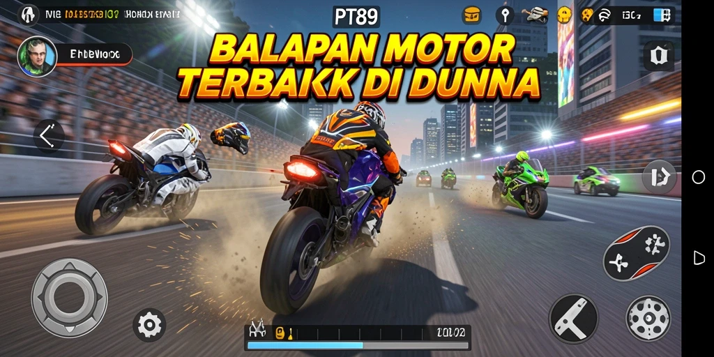 Screenshot PT89 menampilkan aksi balapan motor yang mendebarkan.